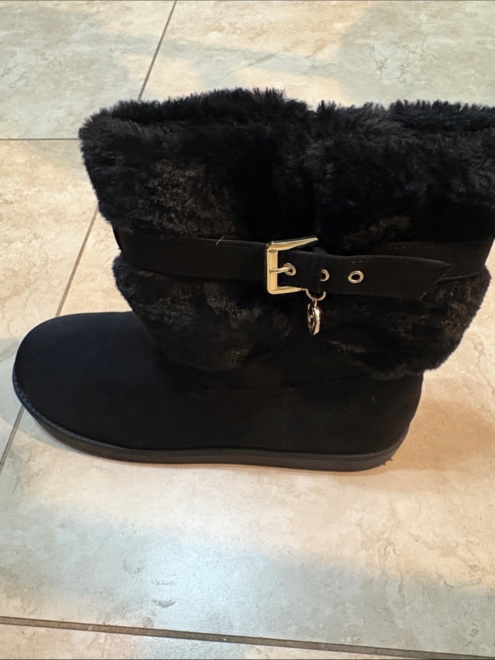 Guess Black Faux Fur Fold-Over Winter Boot with Buckle Accent